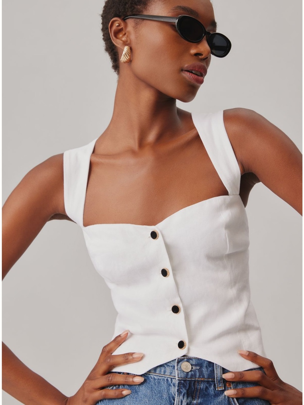 Reformation White Kimberly Linen Button Front Camisole Top